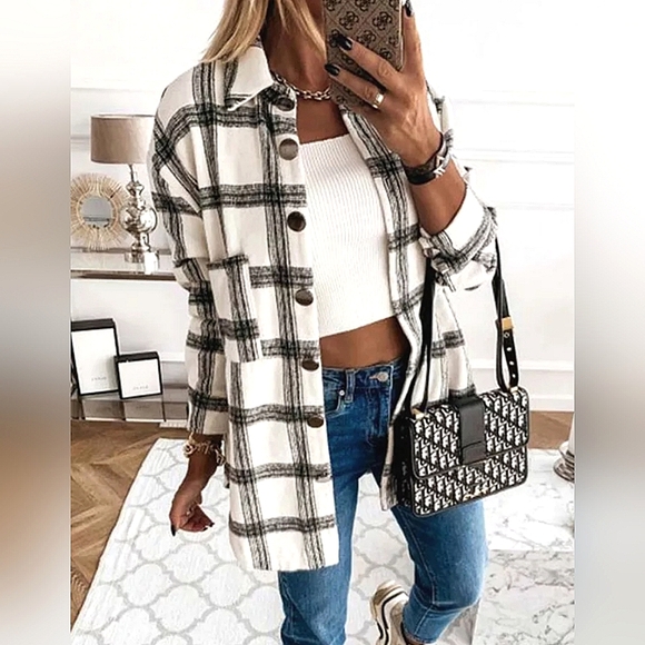 New Boho Chic Oversized Plaid Flannel Button Up Shacket Jacket Shirt Black White - Picture 1 of 10